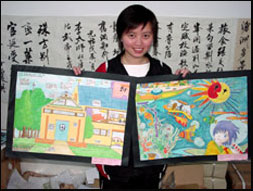 9th grade Chinese student with her artwork